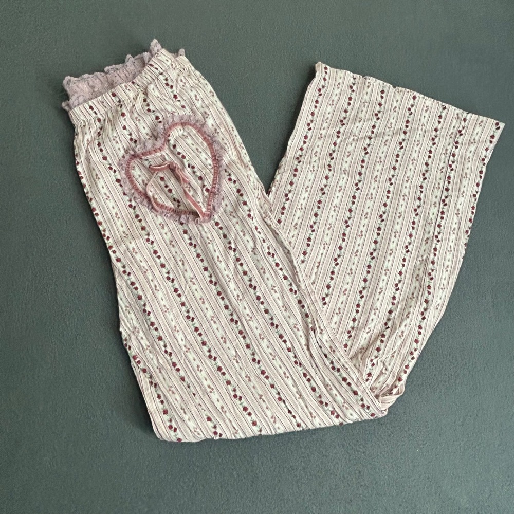 Unbranded Pajama Pants Women M Pink Floral Heart Lace Trim Coquette Sleepwear